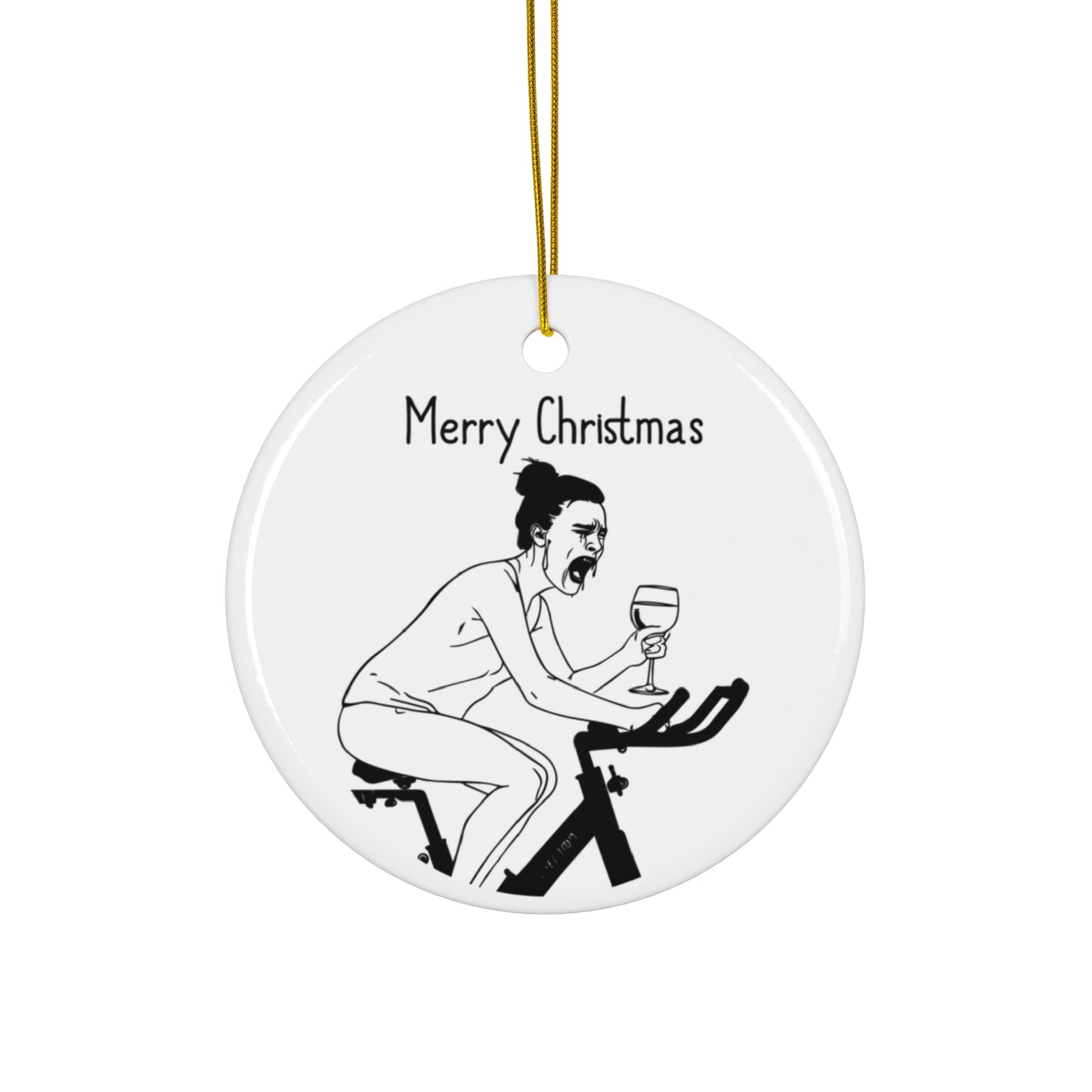 Happy Holidays! Funny Ceramic Ornament | Woman Crying on Peloton with Wine | Hilarious Holiday Gift for Moms | Christmas gifts | Holiday Humor
