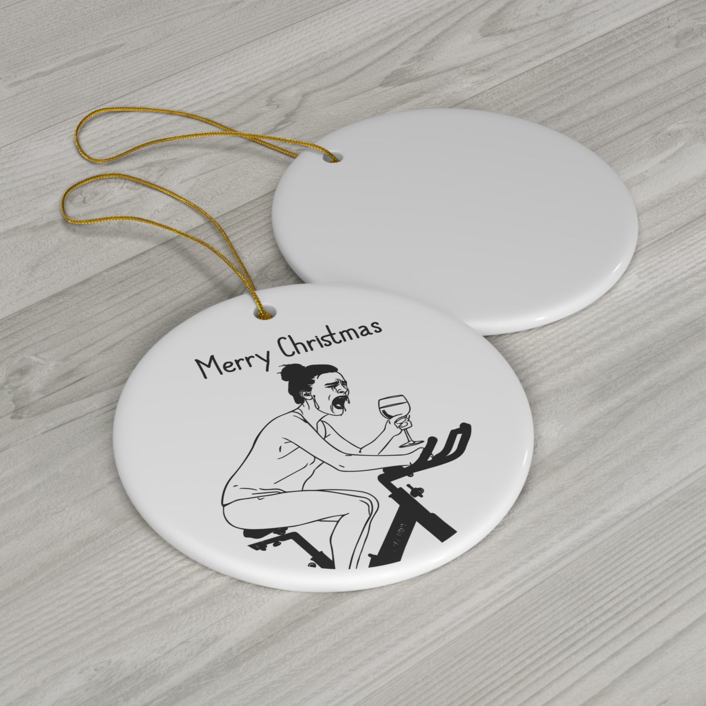 Happy Holidays! Funny Ceramic Ornament | Woman Crying on Peloton with Wine | Hilarious Holiday Gift for Moms | Christmas gifts | Holiday Humor